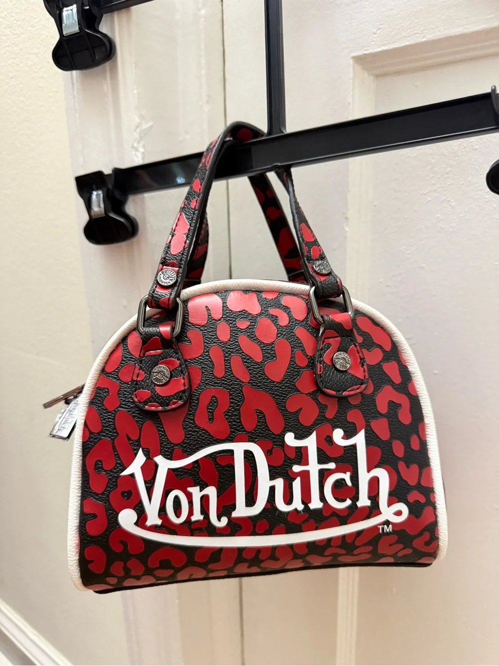Von Dutch Red and Black Leopard Print Crossbody Satchel